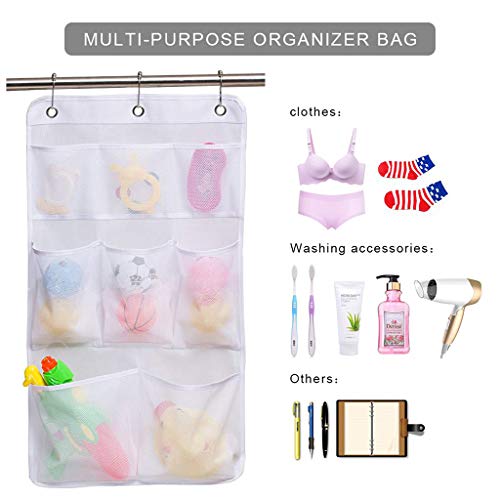 HuiDao Bath Hanging Caddy Shower Hanging Organizer 8 Quick Dry Mesh Pockets Storage Bag with 3 Ring Hooks for Hanging On Bathroom Curtain Rod, 27.5x15.7 Inch (White)
