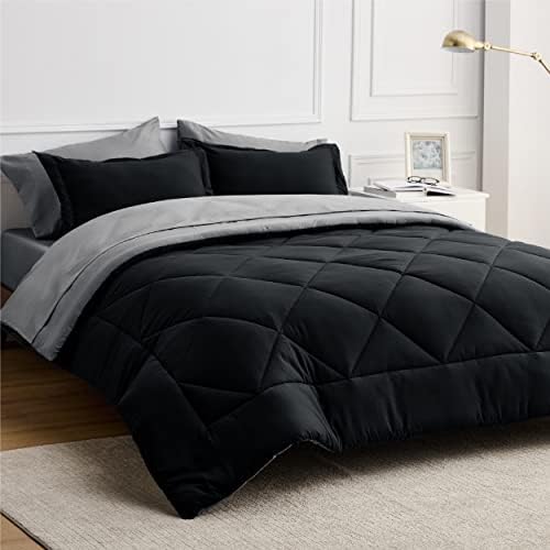 Bedsure Black Bed Set King 7 Pieces Reversible Black Comforter Set