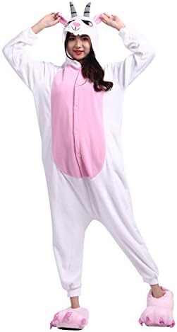 PALMFOX Women Cartoon Goat Animal Cosplay Costume Adult Pajamas Onesies Sleepwear One Piece L