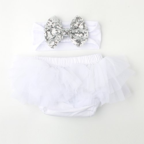 Slowera Baby Girls 2PCS Sets Cotton Tulle Sequins Diaper Cover Bloomers and Headband (White Silver, M: 6-12 Months)