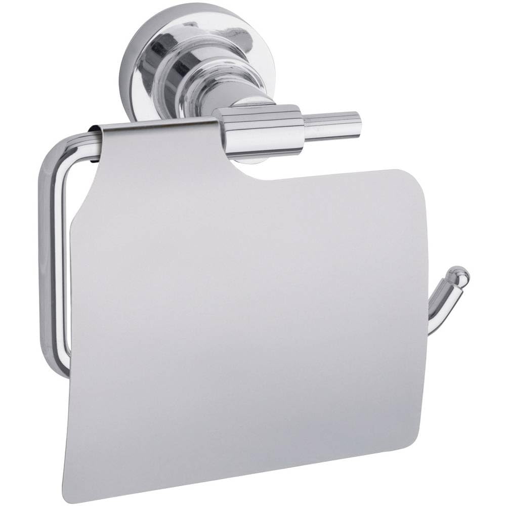 tesa LUUP Toilet Paper Holder with Lid - Chromed Metal Toilet Paper Holder for Bathrooms and Guest Toilets - Including Self-Adhesive Solution Without Drilling