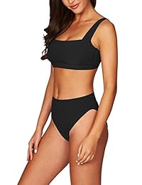 Bikini para dama con cuello cuadrado y correas anchas acolchadas y cintura alta acanalada