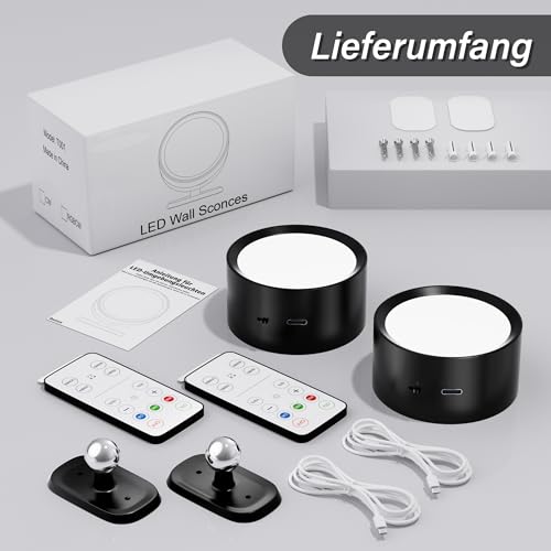 Wandleuchte Ohne Stromanschluss, Akku Wandleuchte mit Fernbedienung 10 Helligkeitsstufen & 3 Farbmodi, LED Wandleuchte Kabellos 360° Drehbar, Akku Wandleuchte Innen Magnetisch,USB Wandlampe 2 Stück
