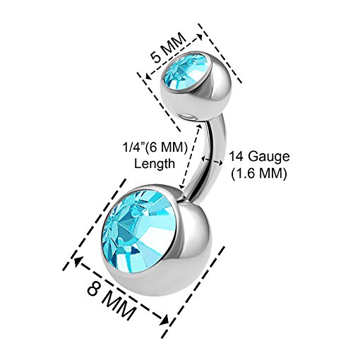 2PCS 316L Surgical Steel Short Belly Button Rings Studs 14 Gauge 1/4 6mm Aquamarine Crystal Balls Navel Piercing Jewelry 0562 - Thumbnail 2