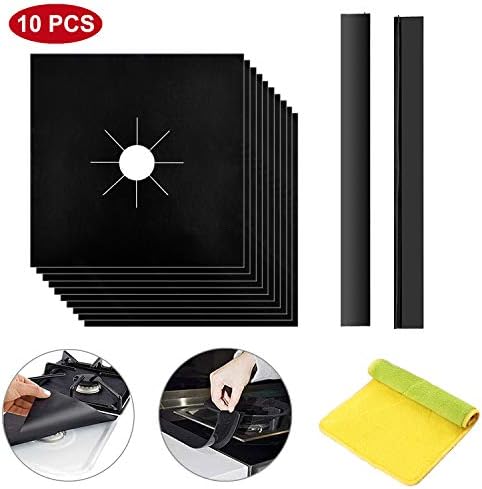 Stove Burner Covers, 10 Pack Reusable Gas Range Protectors + 2 Pack Stove Counter Gap Cover Kitchen Cleaning Kit for Cooktops, Non-Stick Fast Clean Liners Easy to Clean, Black