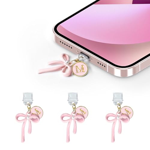 3Pcs Pink Bow USB C Kindle Dust Plug Charms for iPhone 16/15 Pro Max/Plus,Cute Initial Type C Dust Plug Covers for Phone Charging Port,Port Cover Protector Accessories for Kindle Paperwhite Colorsoft