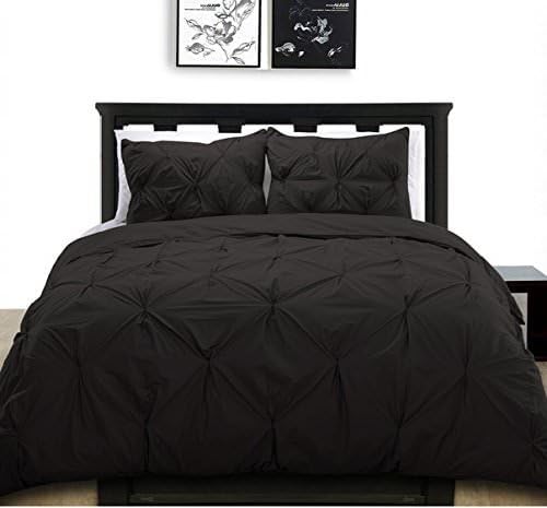 Luxury Pinch Pleated/Pintuck Egyptian Cotton 625 TC Decorative 1-Piece Duvet Cover Zipper Closer With Corner Ties, Super King (98 x 108 Inch) Size, Soft, Hypoallergenic, Black Solid