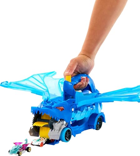 Hot Wheels City Toy Car Track Set, Ultimate 2-in-1 Dragon Transporter and 2 Die-Cast Cars, Large Dragon and Removable Dragon with Space for More Than 20 Vehicles, JKJ79