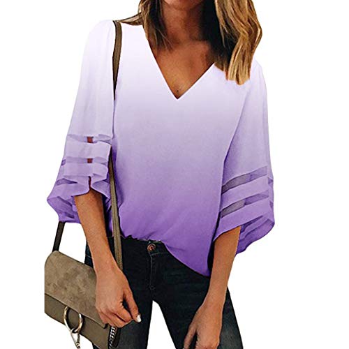 Sengei Women's V Neck Mesh Panel Blouse 3/4 Bell Sleeve Loose Top Gradient Tie Dyeing Casual Tee Shirt (S, Purple)