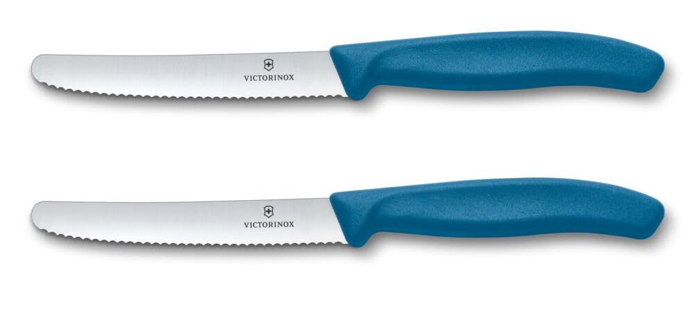 Victorinox Swiss Classic, Frühstücksmesser, Brötchenmesser Set 2teilig, Scharfe Klinge, Wellenschliff, 11 cm, Rostfreier Stahl, Blau