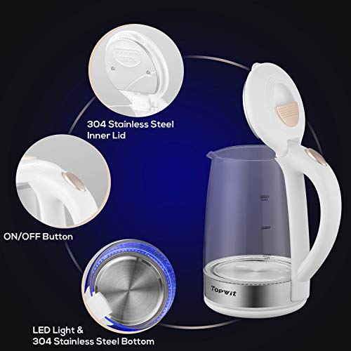 Topwit Electric Kettle Water Heater Boiler, Glass Cordless Tea Kettle 2 Liter with LED Light, Stainless Steel Inner Lid and Bottom, Fast Heating with Auto Shut-Off and Boil Dry Protection, White