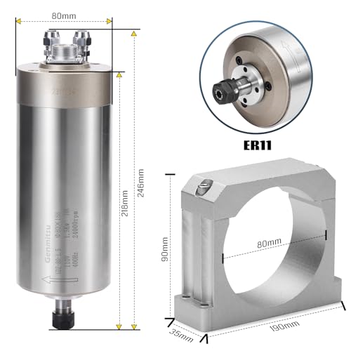 Genmitsu CNC Spindle Motor Kit, 1.5KW, 110V Water Cooled Spindle Motor, with VFD & Water Pump, 80mm Diameter Aluminum Clamp Mount, ER11 Collet, 0.003mm Accuracy for CNC Router Machine Metal Carving