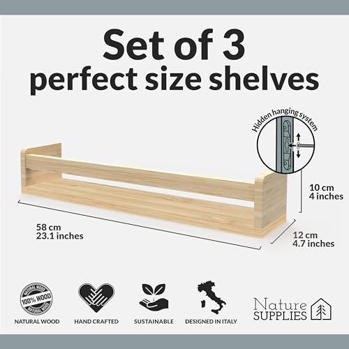 NATURE SUPPLIES Set of 3, Floating Book Shelves for Nursery in Natural Wood, 23.1" Floating Book Shelves, Wall Book Shelf for Nursery Decor