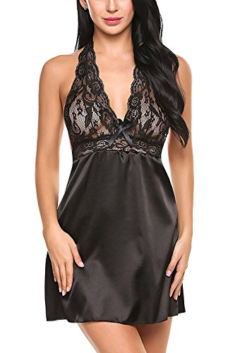 Sweetnight-Sexy-Halter-Nightgown-Satin-Chemise-Lace-Babydoll-Lingerie-Sleepwear-for-Women