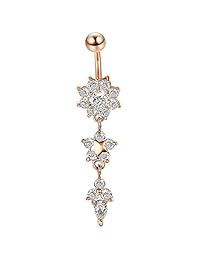 CrazyPiercing Dangle Belly Button Rings, Flower Heart Skull Pendant Belly Rings, Women Navel Rings Curved Barbell Body Piercing 14G 5 PCS Set