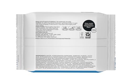AMAZON BASICS MAKEUP REMOVER WIPES, FRAGRANCE-FREE, ALCOHOL-FREE, GENTLE CLEANSING, PLANT-BASED, DERMATOLOGIST TESTED, REMOVES WATERPROOF MASCARA, RESEALABLE, 25 COUNT, 1-PACK