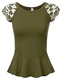 JJ Perfection Women's Solid Crew Neck Laced Cap Sleeve Flared Peplum Top