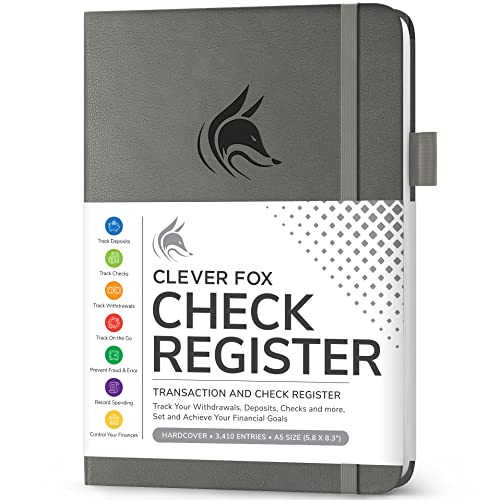 Clever Fox Check Register – Deluxe Checkbook Log with Check & Transaction Registers, Bank Account Register Booklets for Personal and Work Use, A5-Sized Hardcover, Grey