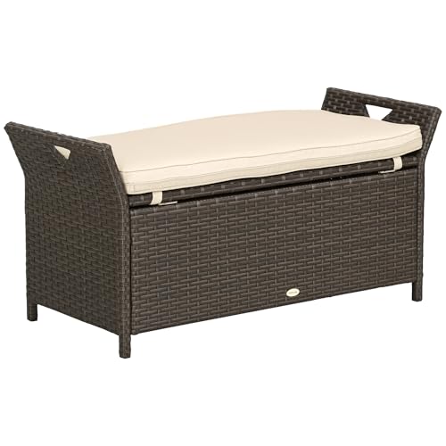 Outsunny 2-in-1 Patio Wicker Storage Bench, 29 Gallon Outdoor PE Rattan Patio Furniture, Large Capacity Rectangle Basket Box with Handles and Cushion, Cream White