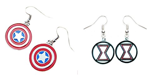 (2-Pack) Marvel Comics Captain America and Black Widow Logo Dangle Earrings with Gift Box