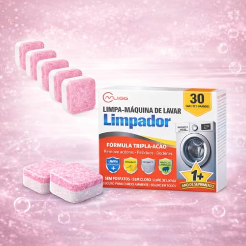 KIT com 30 Pastilhas Efervescentes de Limpeza para Máquina de Lavar Roupas e Louça, Remove Resíduos e Odores, Biodegradável, Potente, sem Perfume
