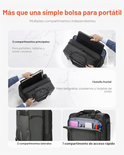 Maleta para Ordenador Portátil de hasta 17,3 Pulgadas, Bolso de Mano con 2 Ruedas Fijas y un Asa Telescópica con 4 Alturas Ajustables para Trabajo, Oficina, Viajes de Negocios, Color Negro