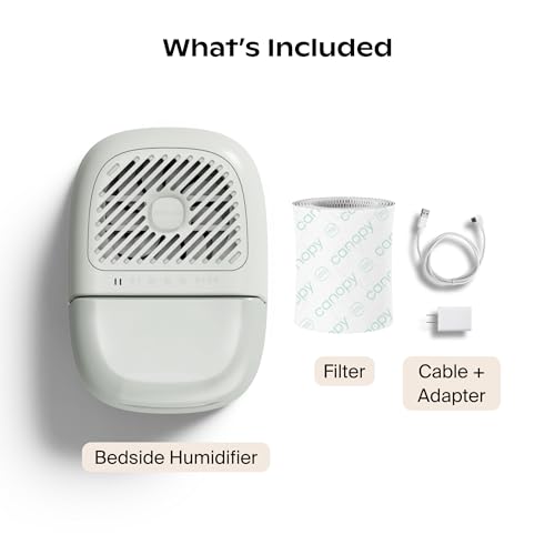 Canopy Bedside Humidifier 2.0, White, 36 HR Run Time, 2.5L Capacity - Reading Light & White Noise - Alleviate Symptoms of Allergies, Flu, Cold, Dry Skin - Humidifier, Filter, Power Cord & Adapter