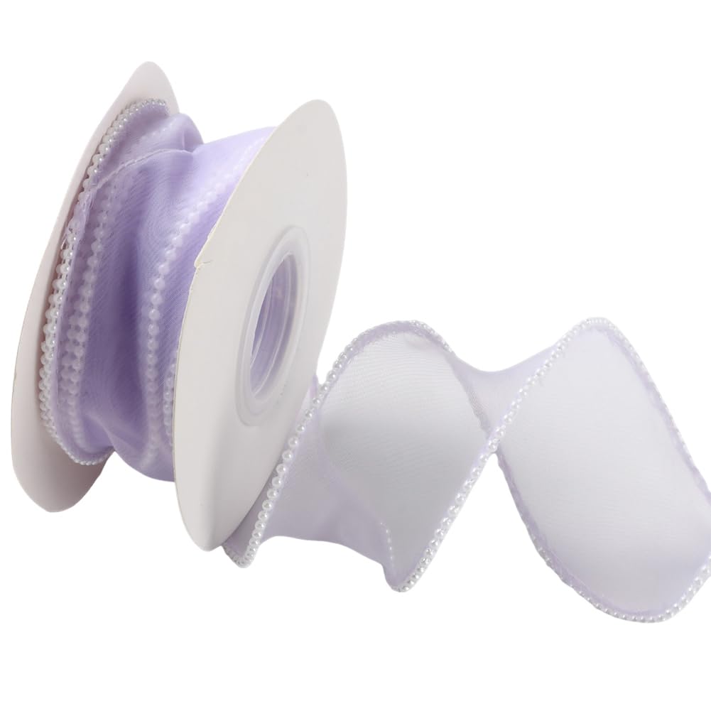 CABODYALS 4.57M 40mm Light Purple Faux Pearl Edged Organza Ribbon Lilac Fishtail Yarn Smooth Lace Trim Sheer Mesh Ribbons Bundle Rolls with Spool for Diy Crafts Gift Wrapping Flower Bouquet Cake Decor