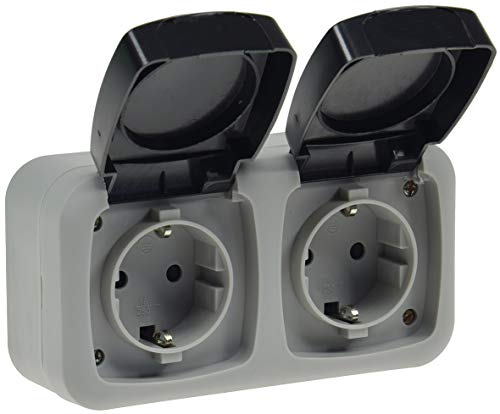 Feuchtsteckdose 2-fach IP44 Aufputz Doppel-Steckdose für Feuchtraum Aussen Steckdose mit Klappdeckel - 250V 16A…