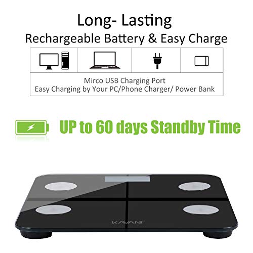 Rechargeable Smart Fat Scale, Bluetooth Bathroom Body Scale Digital Weight Scale Tracks 14 Key Compositions Analyzer, 6 Color Display, Sync with Fitness APP, 400 lbs, HD Display, Rechargeable