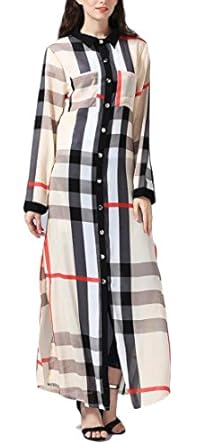 WSPLYSPJY Women's Long Sleeve Plaid Muslim Long Maxi Dress