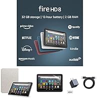 Fire HD 8 Essentials Bundle including Fire HD 8 Tablet (White, 32GB) Ad-Supported, Amazon Standing Case (Sandstone White), Nupro Clear Screen Protector, and 15W fast charger