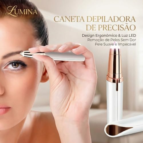Lumina - Caneta Depiladora de Sobrancelha, Nariz e Buço Elétrica Profissional, Removedora de Pelos Faciais Indolor com Luz LED, Portátil e Recarregável via USB - Depiladora de Alta Precisão