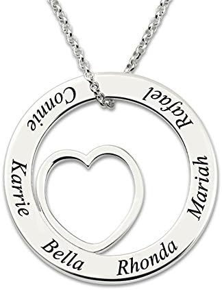 Customized Engraved Silver Love Circle Necklace Personalized Family Name Necklace Heart Pendant Necklace (Silver 18"(45cm)-Adult)