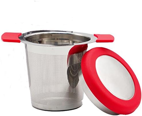 1A2B3C Extra Fine FDA Approved Stainless Steel Tea Infuser filter Mesh Strainer with Large Capacity &amp; Perfect for Loose Leaf Tea - Silicone Covers Handles &amp; Lid Prevent Burns, Spills (Red)