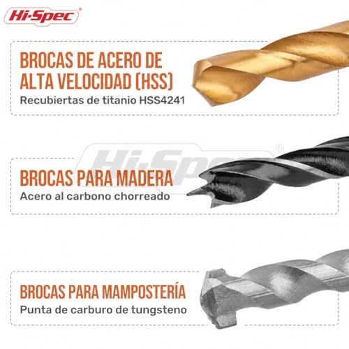 Hi-Spec Juego de Brocas Múltiples de 130 Piezas. Set Brocas de Acero Recubiertas en Titanio HSS. Para Metal, Madera y Piedra. Kit de Herramienta Esencial Para Taladros Electricos. Con Maletín