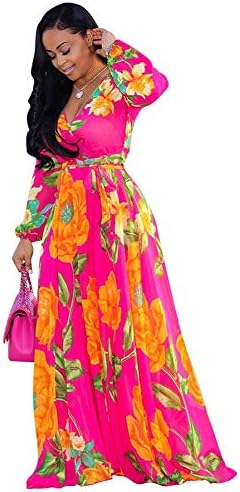 Women's Chiffon Dresses Plus Size V-Neck Stylish Printed Floral Maxi Dress with Belt Oversize S-5X