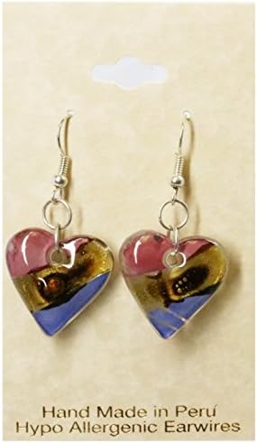 Peruvian Earrings - Glass Heart Tear Drop Dangle - Hand Crafted 3/4" Diam. (Blue Pink)