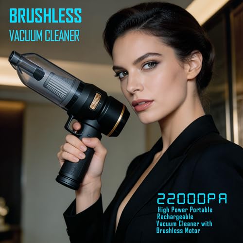 Aishini Handheld Cordless Vacuum, Car Vacuum Cleaner, 4-in-1 22000PA High Power Portable Rechargeable Vacuum Cleaner with Brushless Motor, Small Handheld Vacuum & Air Blower & Pump - Black