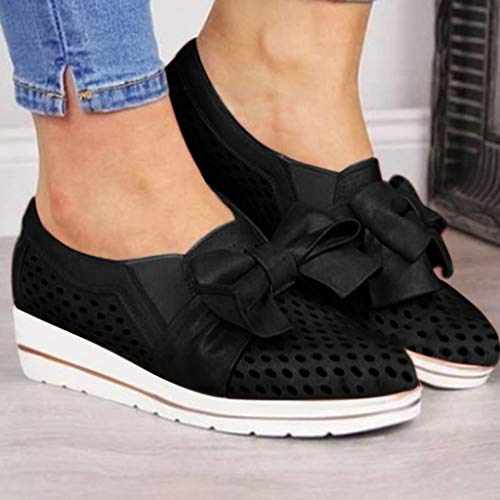 Dermanony Womens Slip on Sneaker Outdoor Leisure Fashion Bow Flat Mesh Breathable Wedges Walking Beach Casual Shoes Black