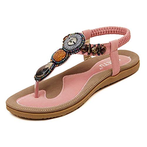 Kauneus Women Fashion Sandals Sweet Beaded Clip Toe Flats Bohemian Herringbone Sandals 2019 Pink