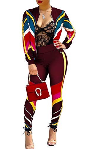 Women's Floral Print 2 Piece Set Open Front Zipper Jacket and Skinny Long Pants Plus Size Tracksuit - Thumbnail 3