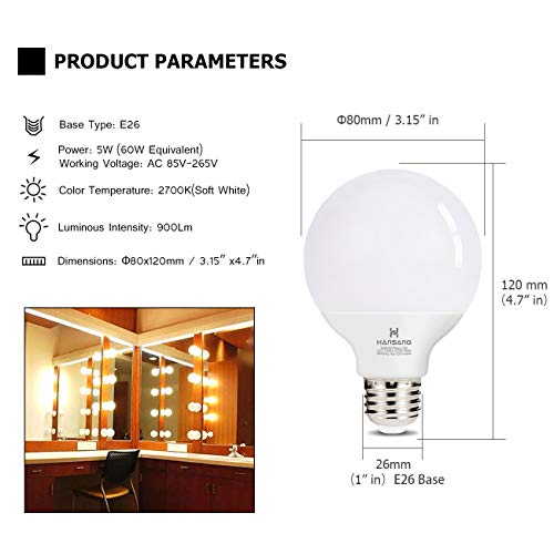 G25 LED Vanity Light Bulb Hansang 5W (60W Incandescent Equivalent) 2700K Soft White,Decorative Globe Light Bulbs,E26 Base,500LM Perfect for Bathroom/Vanity Makeup Mirror,Non-Dimmable,4 Pack - Thumbnail 2