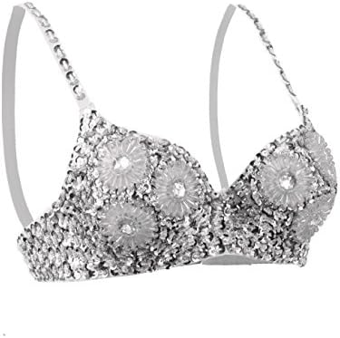 DOUBLDO Womens Rave Sexy Clubwear Samba Flower Sequin Beaded Bra -M/L-SILVER