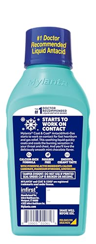 MYLANTA HEARTBURN AND GAS RELIEF, LIQUID ANTACID, COAT & COOL FORMULA, MINT CHOCOLATE FLAVOR, 12 FL OZ