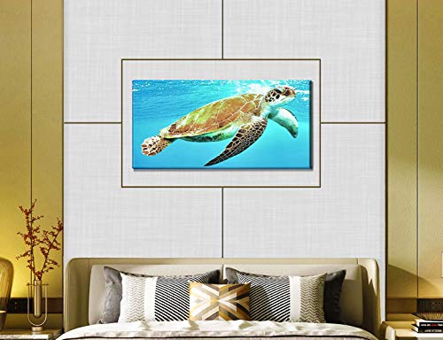Wall Art Big Brown Turtle Painting Printed on Canvas Sea Animal Swimming Leisurely Underwater Picture Print Decor Artwork Easy Hang for Home Decoration