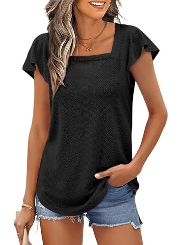 WOMENS EYELET TOPS SQUARE NECK RUFFLE SHORT SLEEVE...