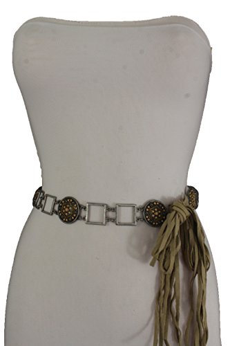 TFJ Women Fashion Antique Silver Metal Charms Belt Hip Waist Beige Tie Plus M L XL