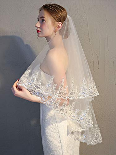 Barogirl Wedding Veil Lace Appliques 2 Tier Bridal Veil Fingertip Length with Comb (White) - Thumbnail 2