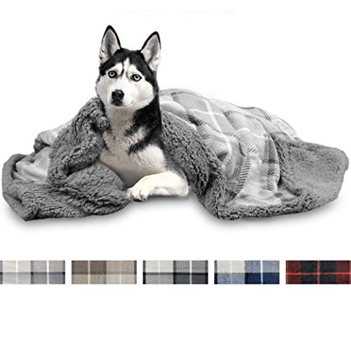 PetAmi Deluxe Dog Blanket for Large Dogs | Sherpa Fleece Pet Throw Blanket for Couch Sofa Bed | Soft Durable Reversible Furniture Protector for Medium Dog Cat Puppy – 60×40 Plaid Light Gray